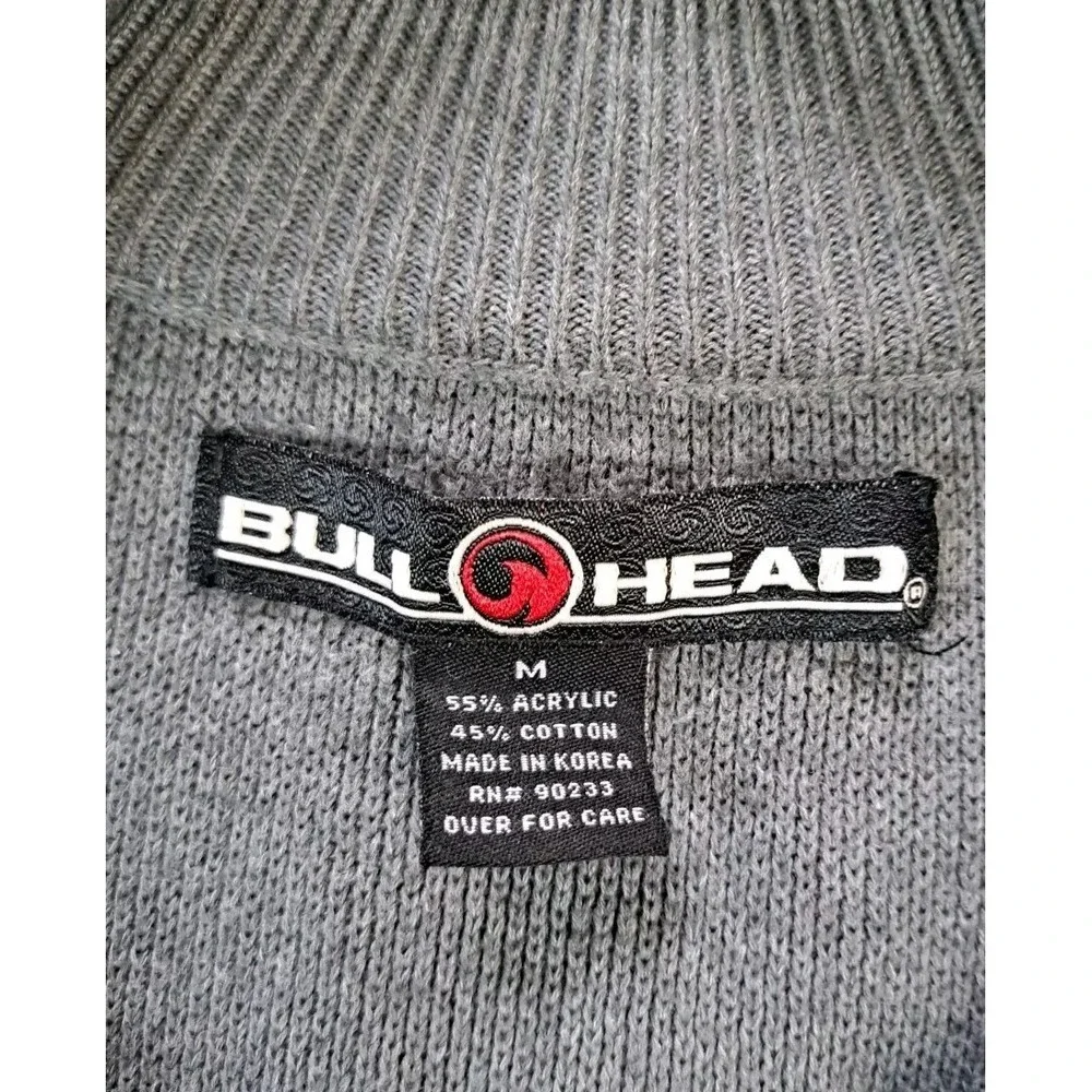 Bullhead Brand Men's Cardigan Size M Full Zip Gray Red Black Logo Pockets Preppy